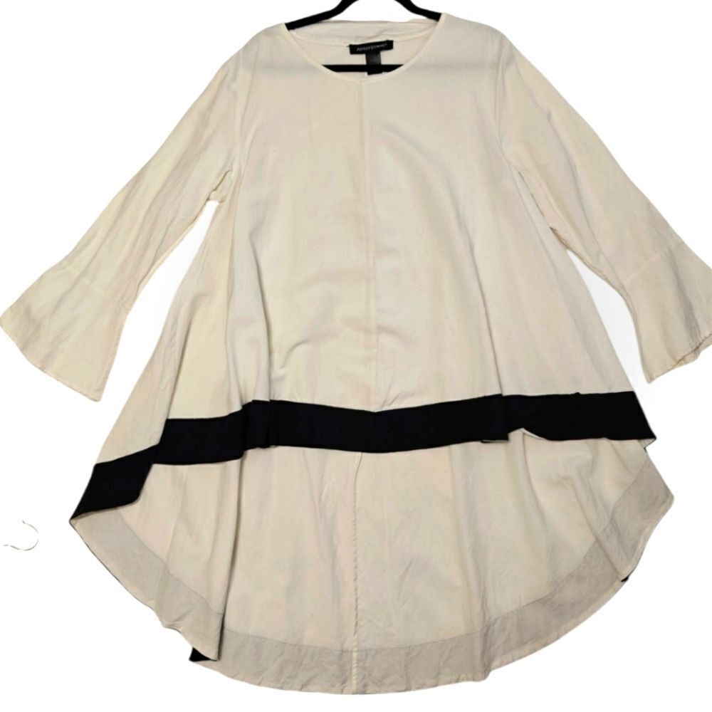 Ashley Stewart Linen Rayon White Cream and Black Hi Low Tunic Sz 14